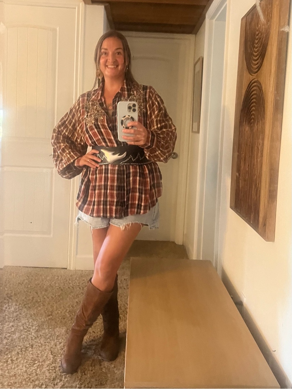 Free People Plaid Button-Down Shirt in Brown and Red